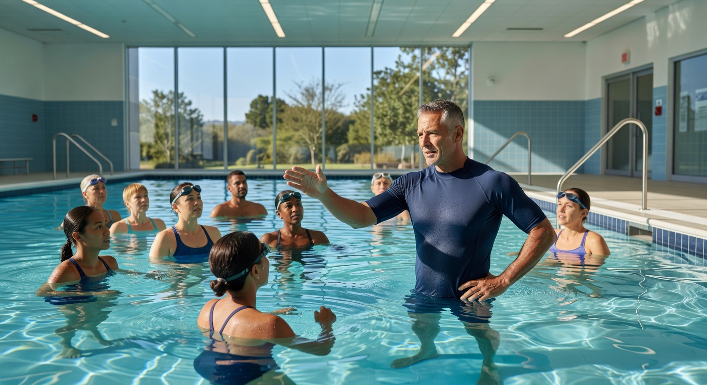 Instructor teaching aquatic techniques to a group